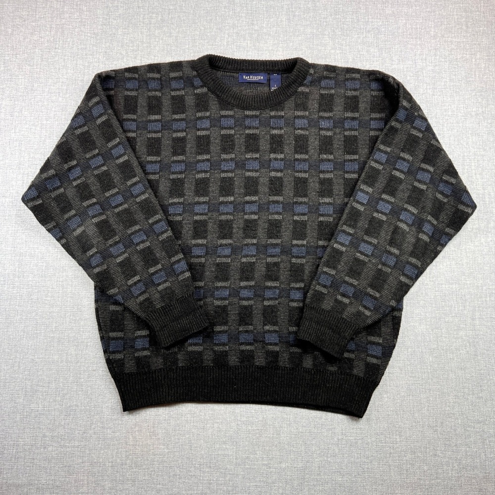 VTG Y2K‎ Van Heusen Windowpane Knit Sweater Men Large Gray Blue Acrylic Dadcore
